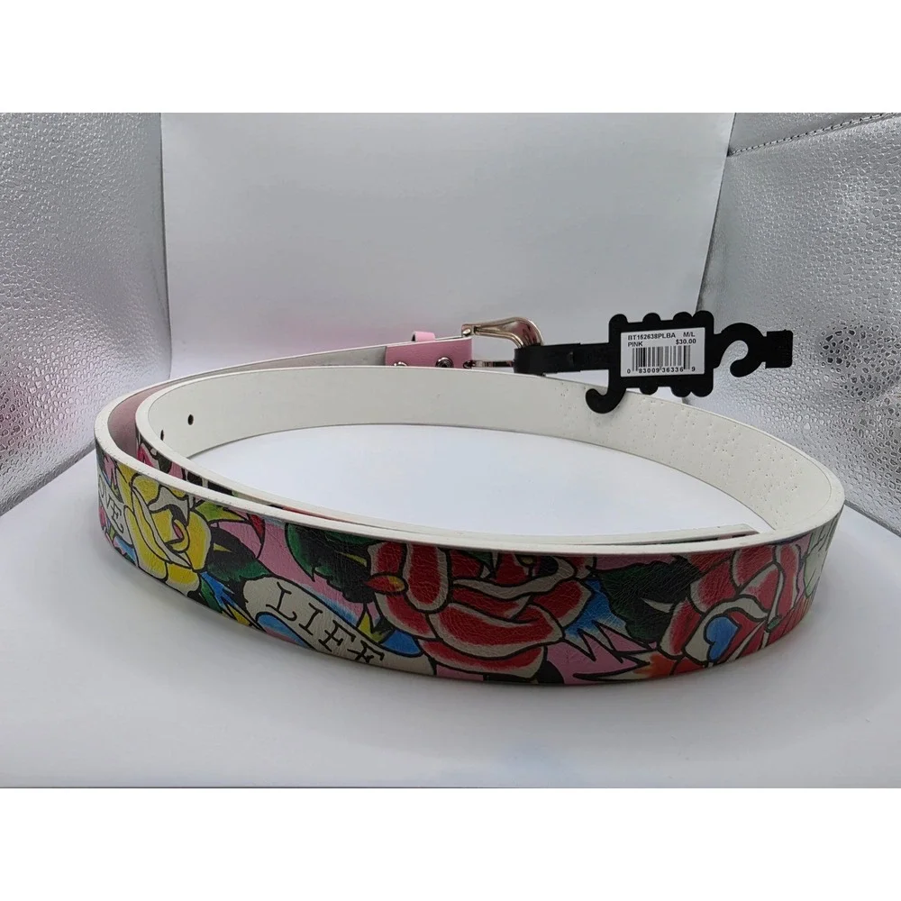 Ed Hardy Pink Graphic Leather Belt Rhinestone Studded Silver Buckle S/M NWT Y2K